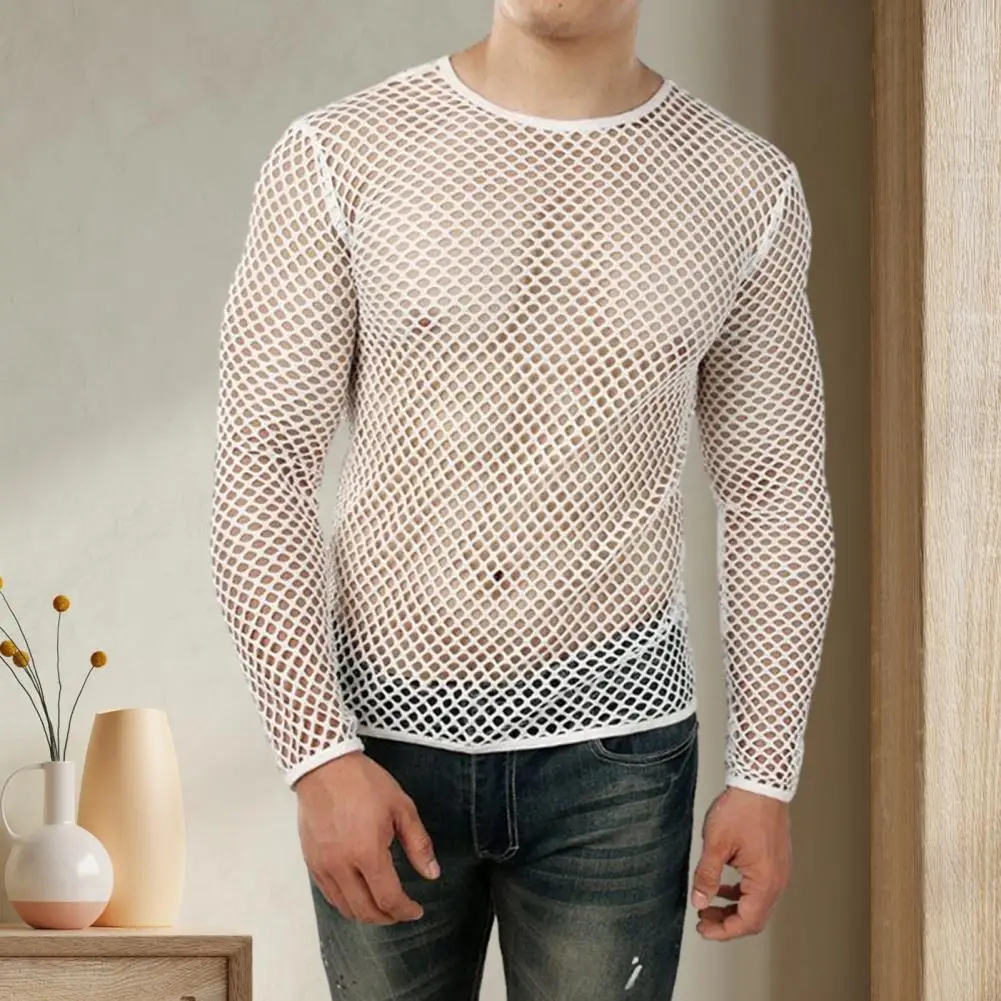 Men Club Top See-through Hollow Out Fishnet O Neck Short Sleeve Loose Thin Pullover Hip Hop Streetwear Men T-shirt