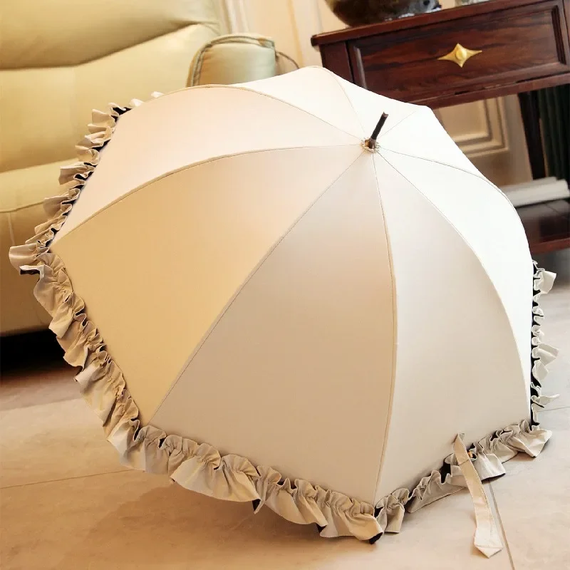 Princess Umbrella Black Lining Curved Bamboo Handle Vintage Long Edge Sun Parasol Fiberglass Aluminum Alloy for Women 장우산