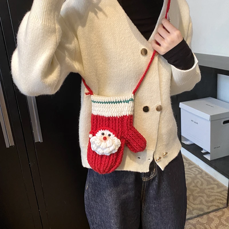 Red Christmas Glove Crochet Bag Lady Girls Woolen Knitting Crossbody Bag For Women Casual Cross Body Phone Bag Purse