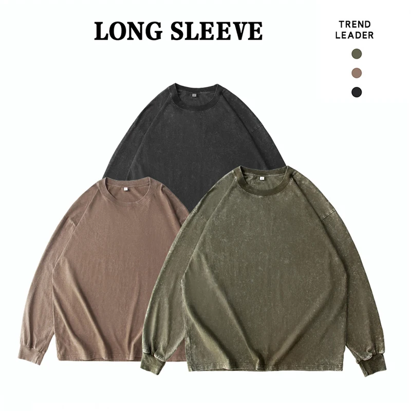 Long Sleeve Retro Tops Tees Men Oversized Vintage T-Shirts Soild Cotton Shirts Casual Classic T Shirt Male Clothes Streetwear