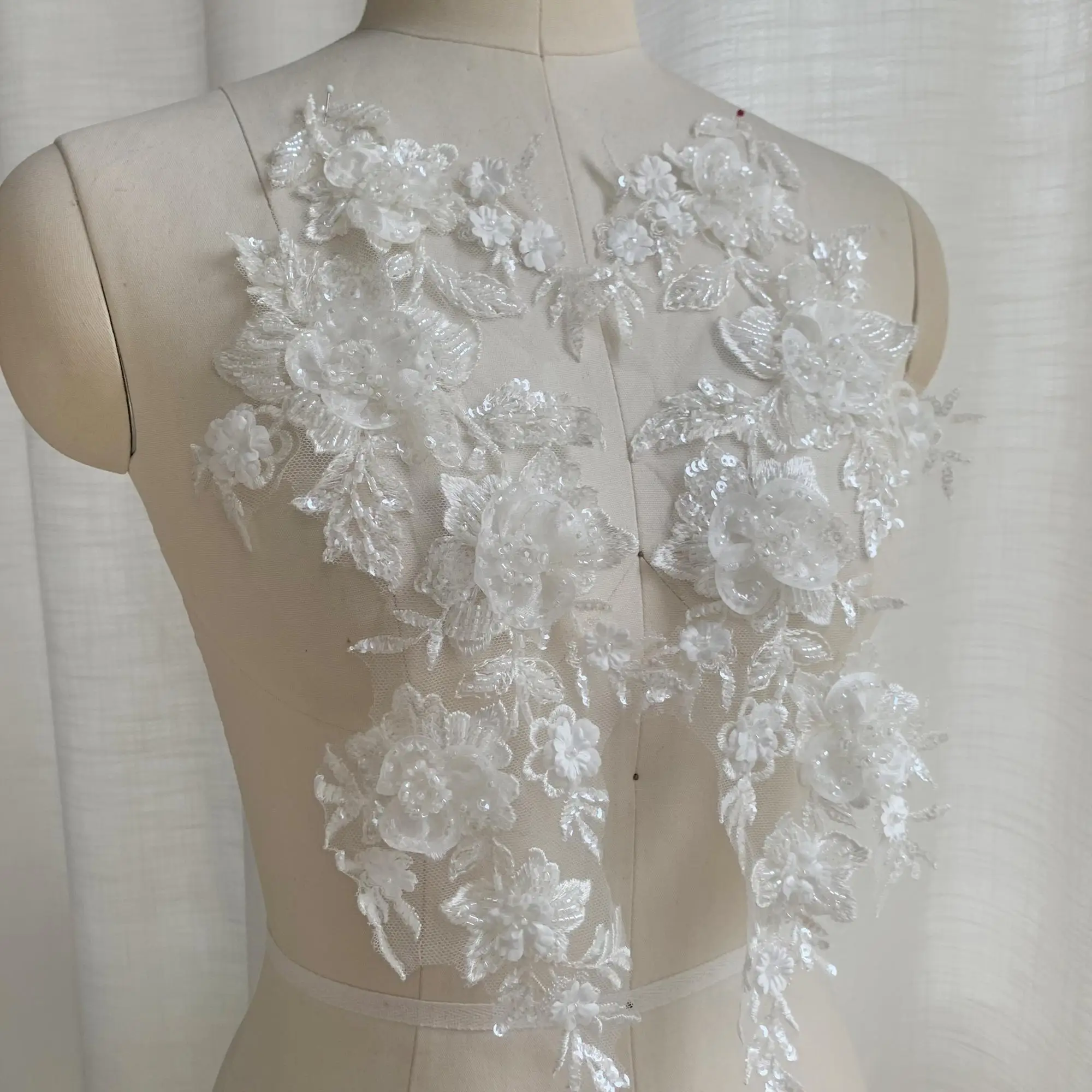 3D Applique Bead Embroidery Patch High End Custom Wedding Dress  White Mirror Flower DIY Sewing Accessories Bridal Decoration