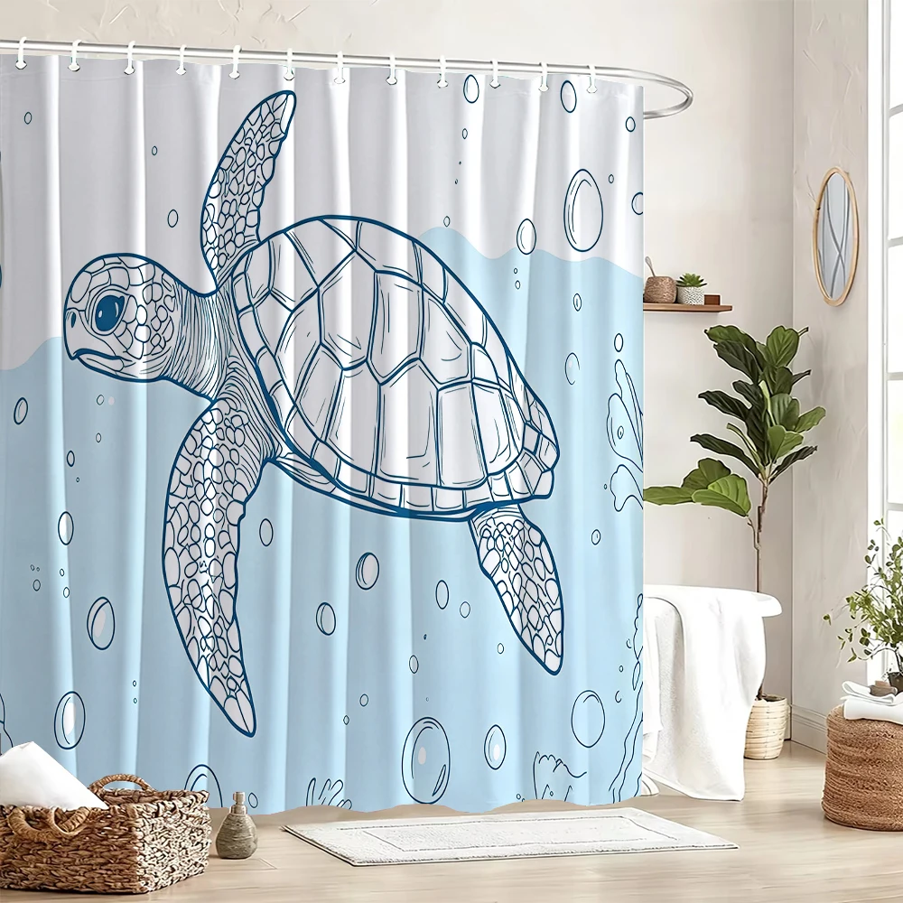 1 Piece Cute Cartoon Sea Turtle Print Waterproof Partition Privacy Shower Curtain With 12 Hooks Multiple Sizes Easy To Install