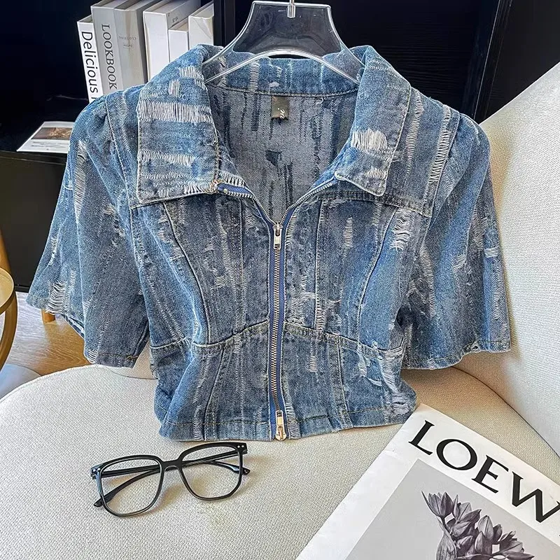 Summer Y2k Retro Workwear Denim Shirt Women New Water Washed Gradual Torn Hole Closing Waist Slim Fit Korean Chic Top Short Coat