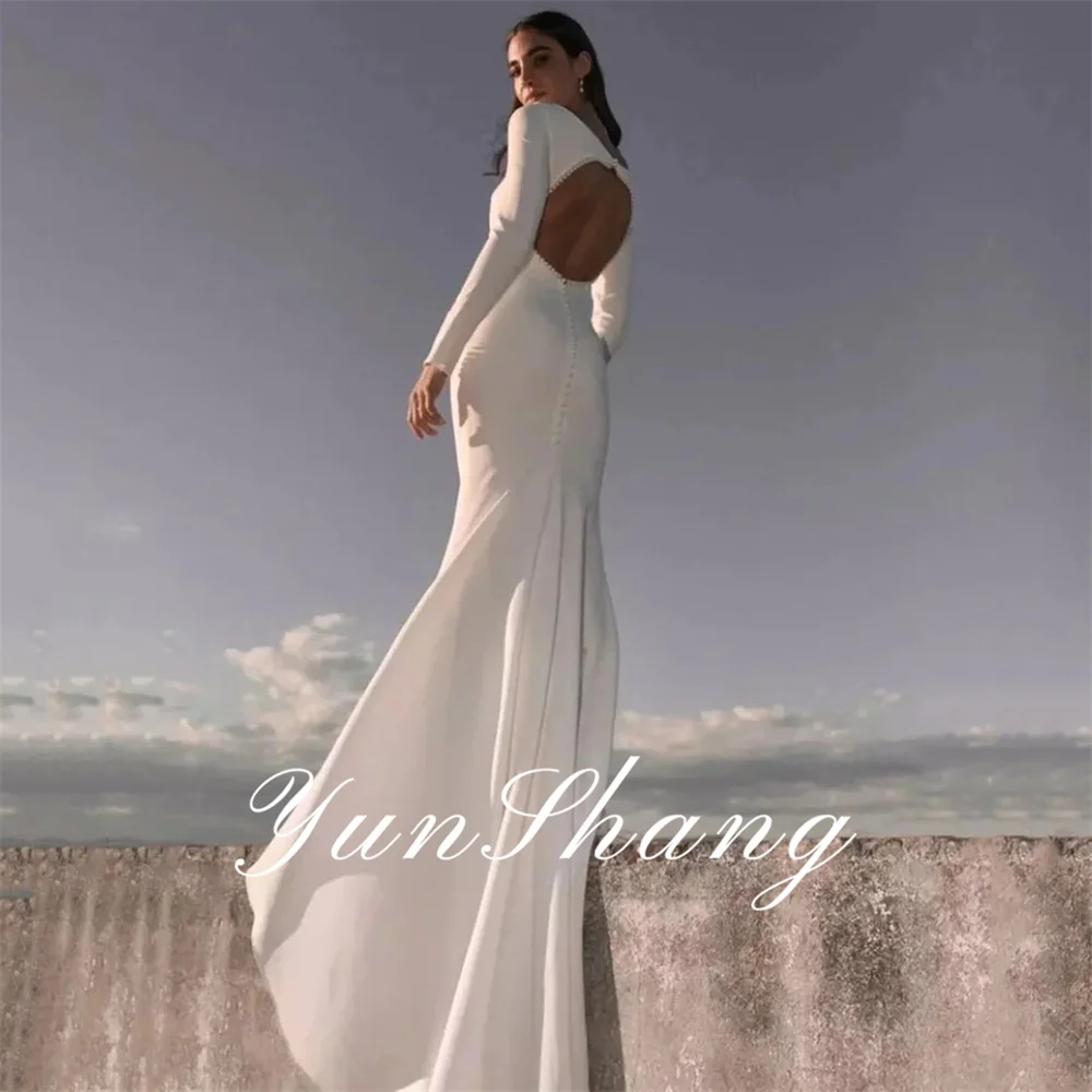 Yunshang Mermiad vestido De Novia De manga larga con cuello redondo sin espalda perlas crepé vestido De Novia tren De barrido Vestidos De Novia personalizados