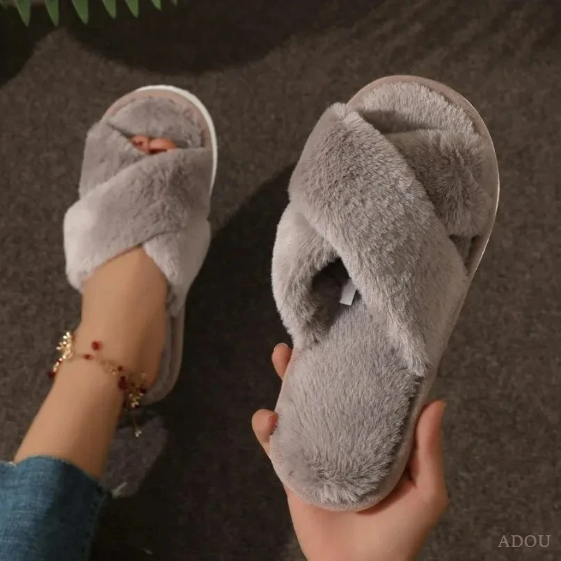 Winter Warm Slipper Women Fur Plush Indoor Lazy Thermal Furry Home House Fuzzy Cross Shoe Flat Flip Flop Leopard Print Fluffy