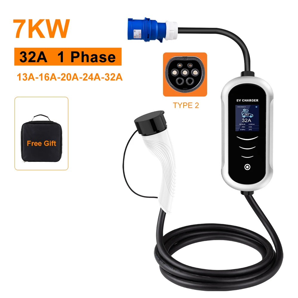 IPENGEN Portable EV Charger Wallbox Type2 Cable 32A 7KW CEE Plug EVSE Type1 Charging Box j1772 Adapter for Electric Vehicle Car