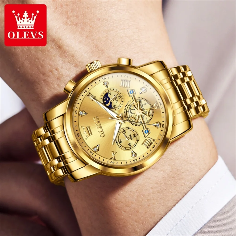 OLEVS  2856 Watches For Men  Fashion Multifunctional Chronograph Moon Phase 24 Hour Original Quartz  Waterproof  Automatic Watch