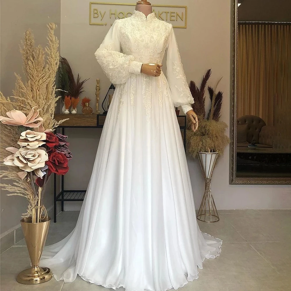 Customized Aso Ebi Arabic Muslim Wedding Dresses High Neck Lace Marriage Bridal Gowns Moroccan Full Sleeves Formal Marriage