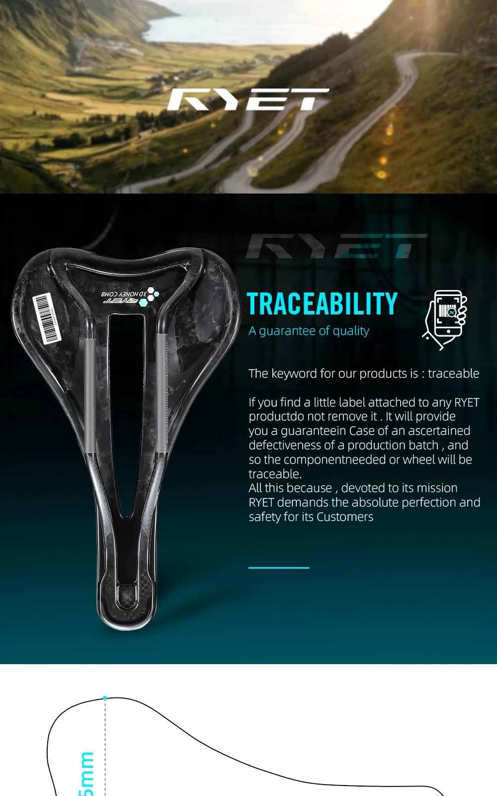 RYET Carbon 3D-gedruckter Sattel, 240 mm × 143/155 mm, superleicht, 98 g, 7 x 9 Fahrradsitz für Männer und Frauen, Triathlon, Rennrad, MTB, Gravel-Bike – Detail 2