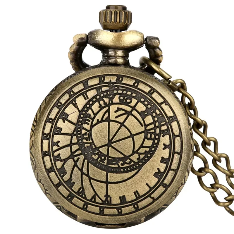 Mini Geometry Compass Round Case Clock Necklace Chain Quartz Analog Pocket Watch for Men Women Arabic Numeral Display Timepiece