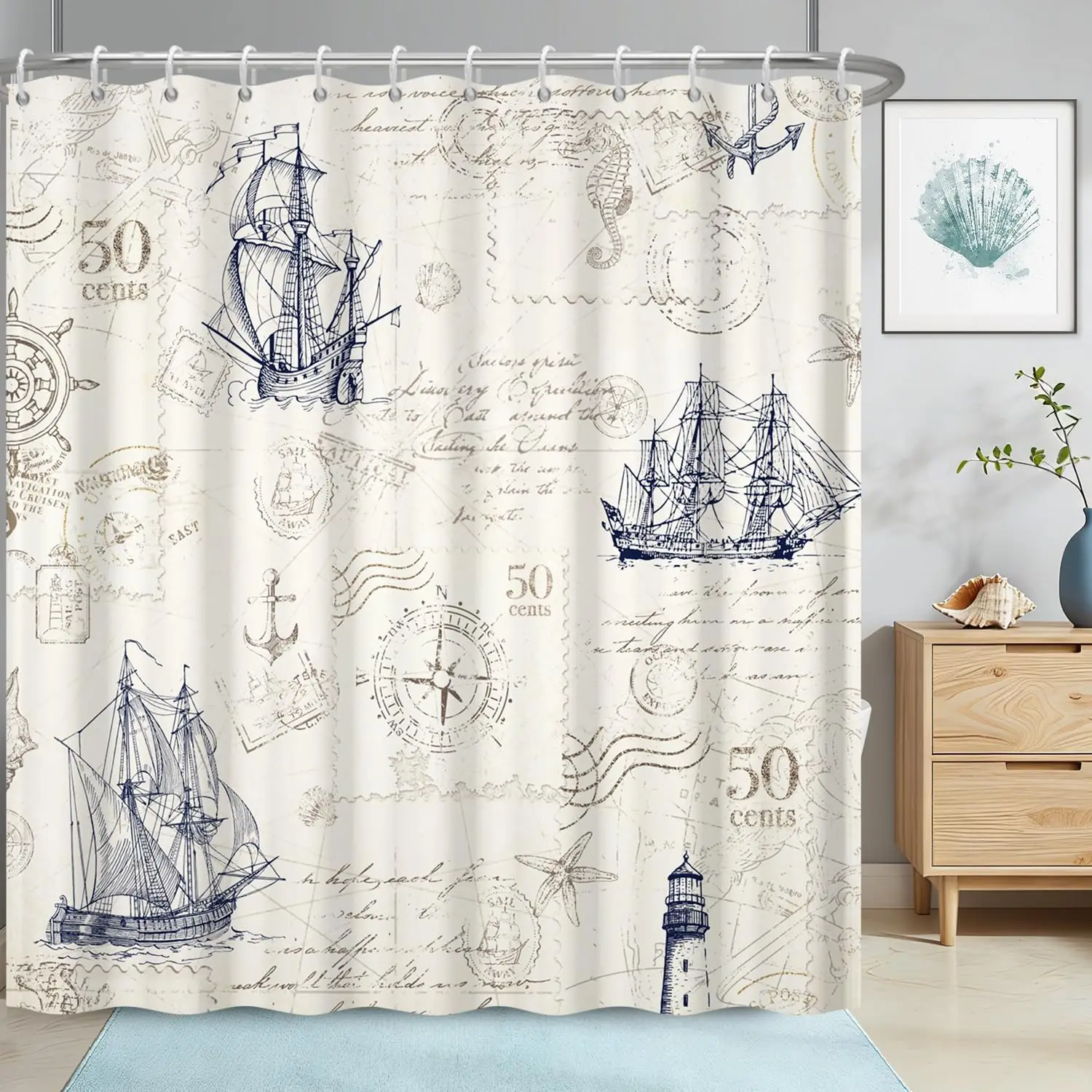 Retro Nautical Map Shower Curtain Coastal Sailor Ship Drawing Bathroom Home Decor Vintage Ocean Print Curtain Liner