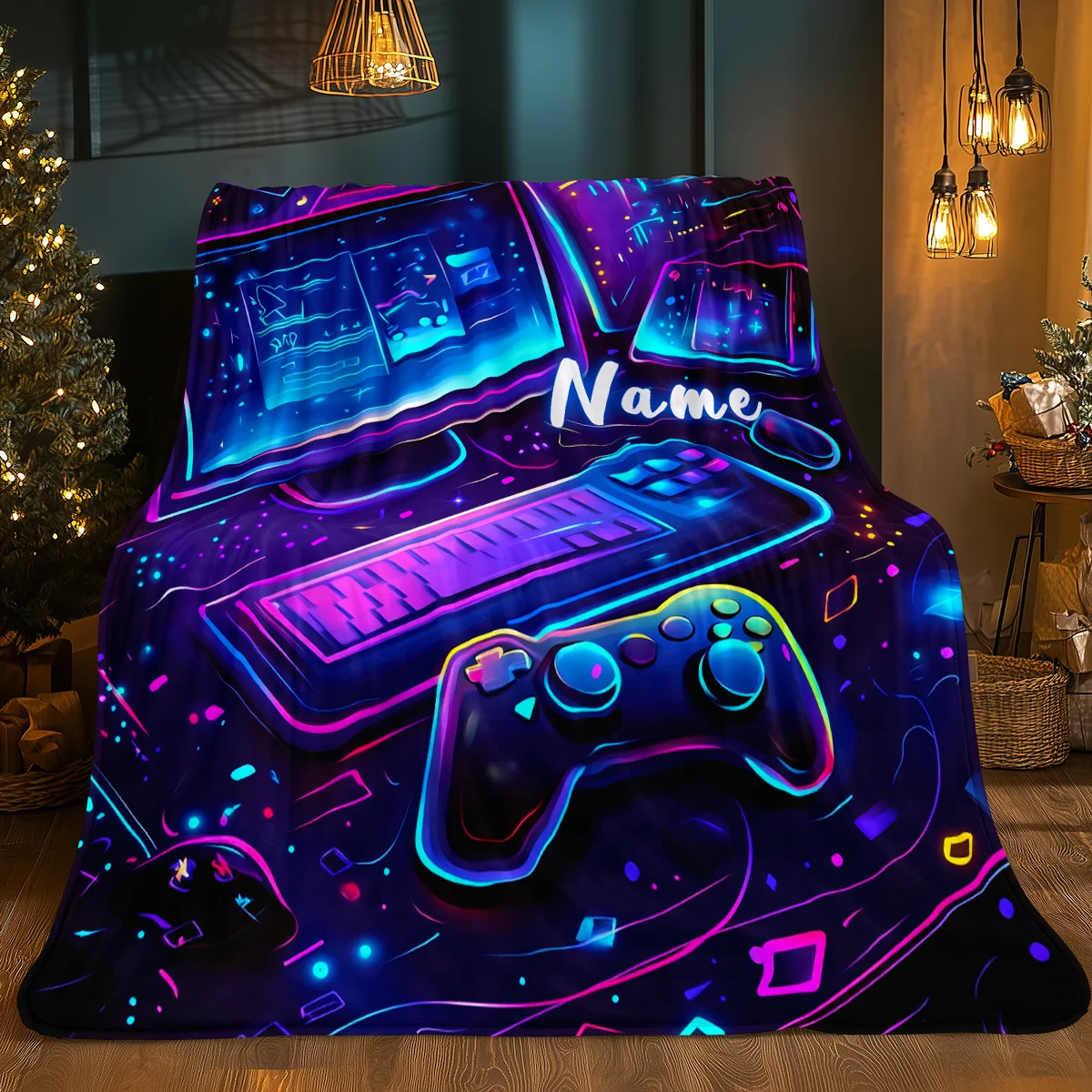 Custom Name Computer Game Controller Fleece Blanket, suitable for sofa, bed, birthdays, children, friends, gifts