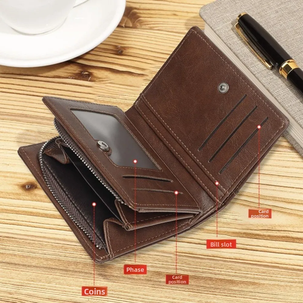 

Korean Fashion Short PU Leather Wallets Multi Function Zipper Pouch Men Clutch Bag ID Credit Card Vintage Card Holder Male Women