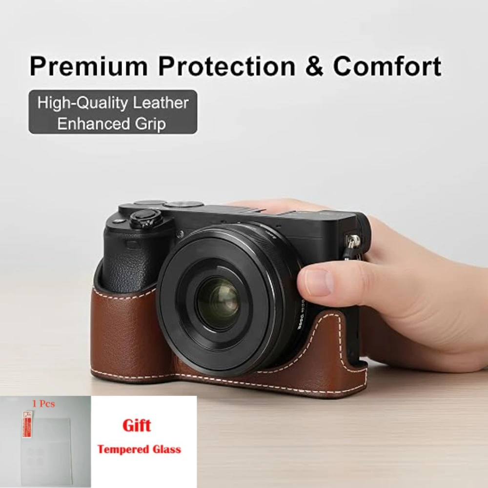 PU Leather Half Case For Sony a6400 a6300 a6100 a6000 Protective case, Camera bag 6300 + 1 PCS Free Tempered Film