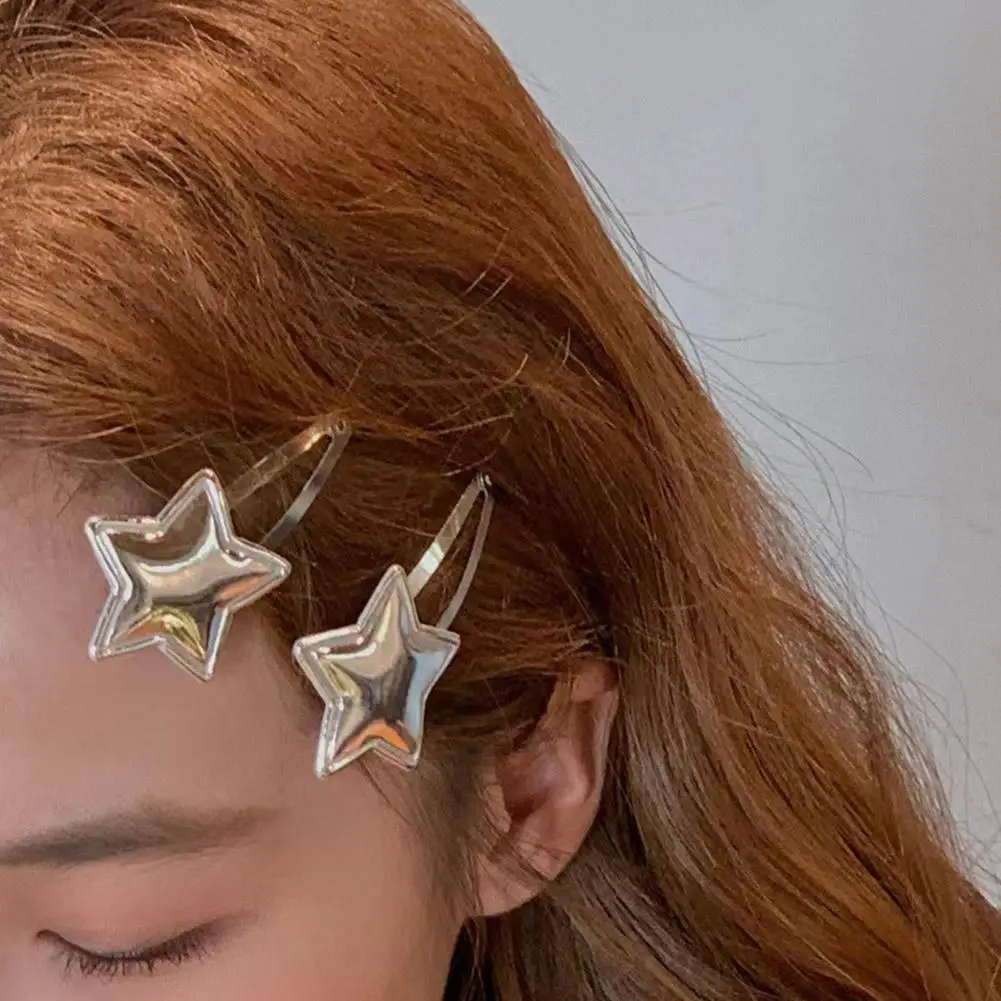 1 Pair Silver Star Snap Hair Clips Cool Silver Star BB Hair Clip Cute Metal Snap Hair Barrettes Hair Accessories For Women Girls