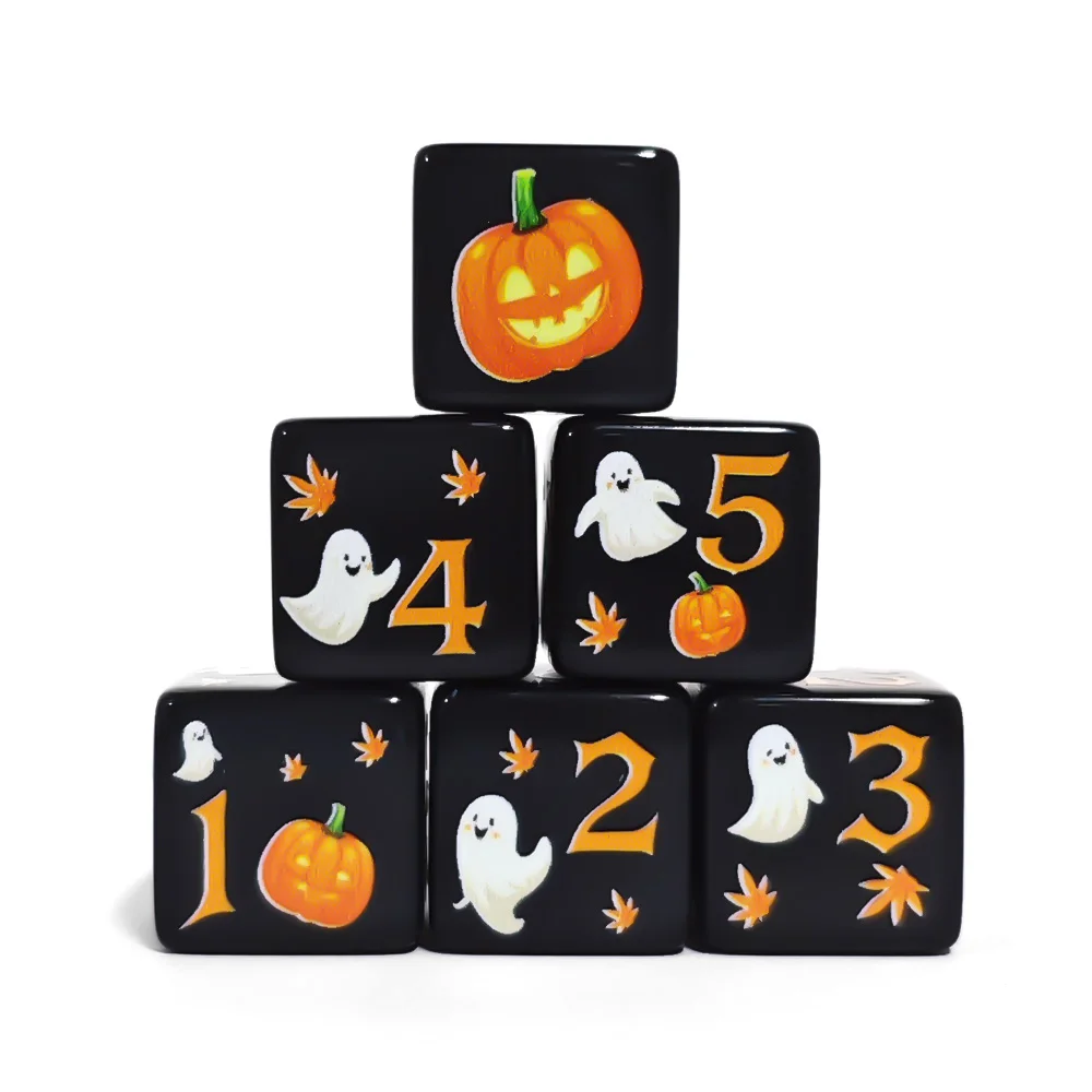 12Pcs 16MM Black Acrylic Printed D6 Dice Halloween Jack-O'-Lantern Ghost Maple Leaf Pattern 6-Sided Square DND Dice Tabletop RPG