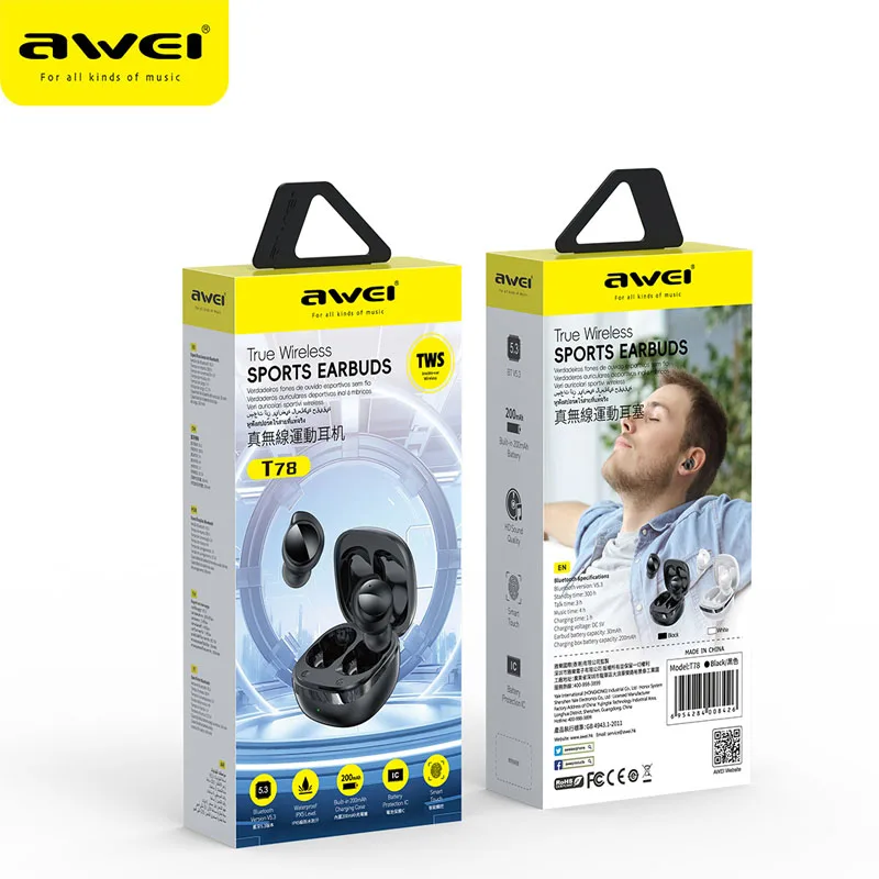 Awei T78 TWS Sports Earbuds V5.3 Wireless Bluetooth Headphones With Mic Hifi HD Sound Bluetooth In-ear Headphones Headset Gamer