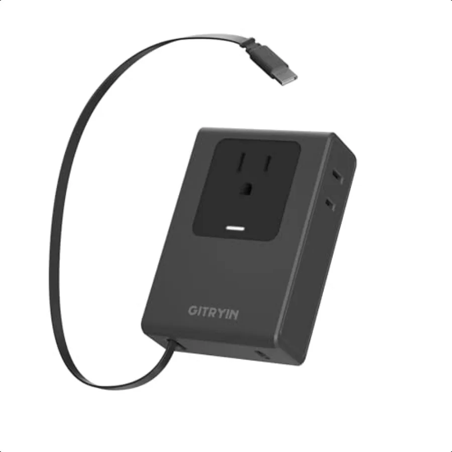 

Travel Plug Adapter with Retractable 31.5in TypeC Cable 40W International Plug Adapter with 3 Outlets 1 USBC Charger Black