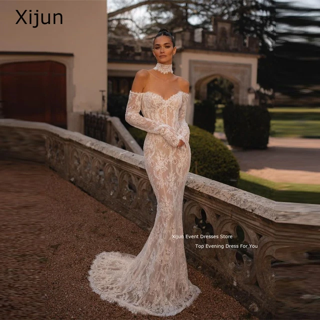 XIjun White Lace Mermaid Wedding Dresses Sexy Bride Dress Full