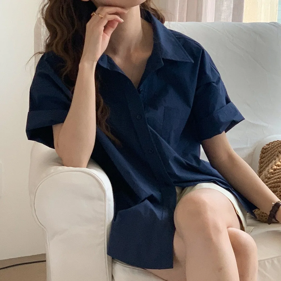 

White ort Sve Women's irt Chic Versatile Single Button Summer 2025 Top Loose Fit Pure Color Polyester Fabric