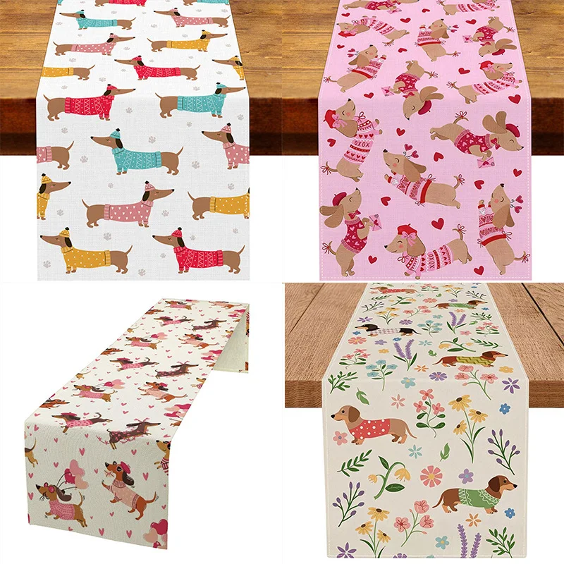 2pcs Cute Dachshund Dog Table Runner Floral Heart Print Kitchen Dining Table Decor Pet Lover Home Party Table Flag