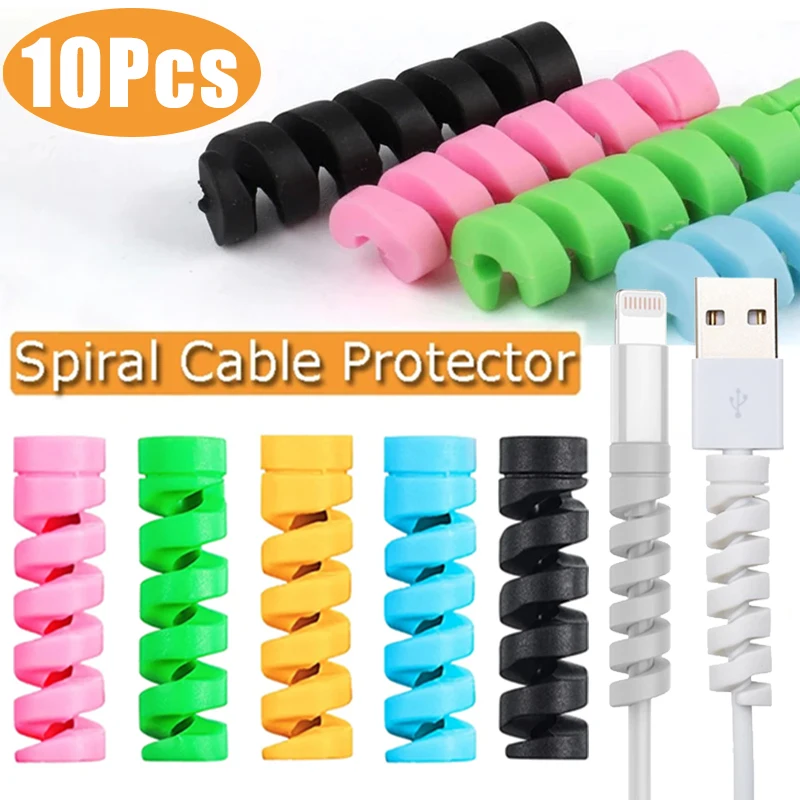 10-5Pcs Cable Protector Universal Silicone Data Cable Spiral Winder Wire Cord Organizer Covers for Iphone 15 14 ProMax Samsung