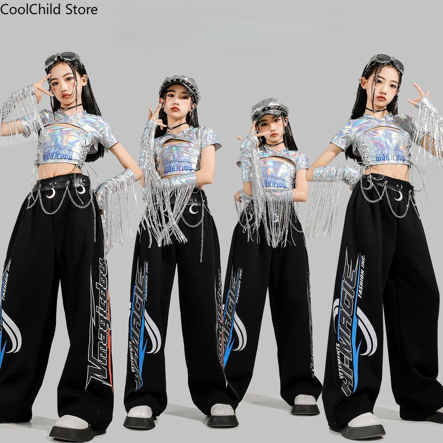 

Блестящий укороченный топ K-pop для уличных танцев, спортивные штаны, детские уличные костюмы в стиле хип-хоп, детские комплекты одежды для джазовых девочек-подростков