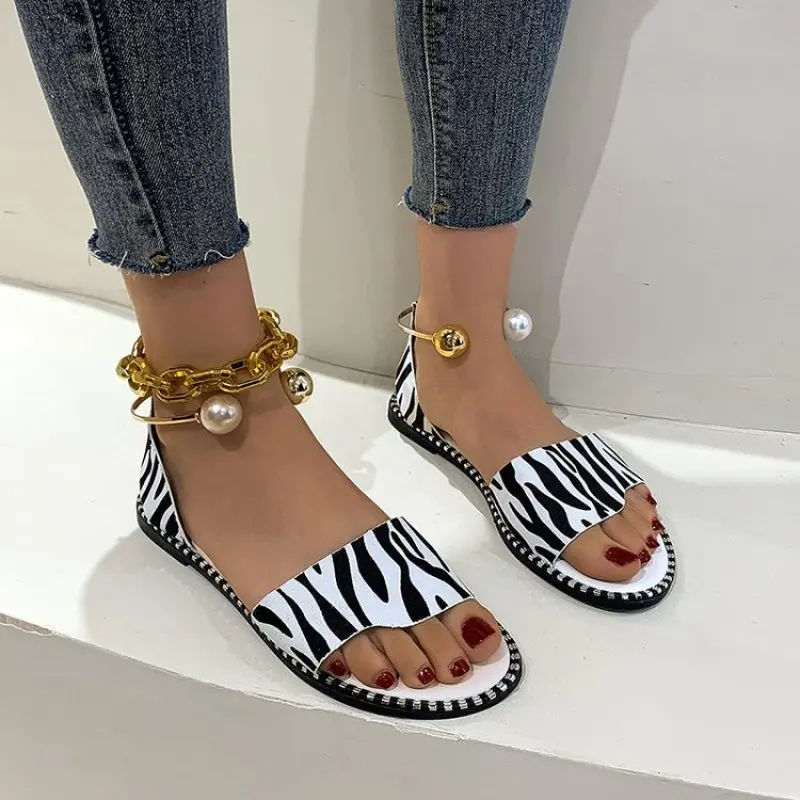 

New Leopard Print Summer Women Beaded Sandal Slippers Shoes Women Flats Flip Flop Casual Flat Slingback Sandals Fashion Plus Siz