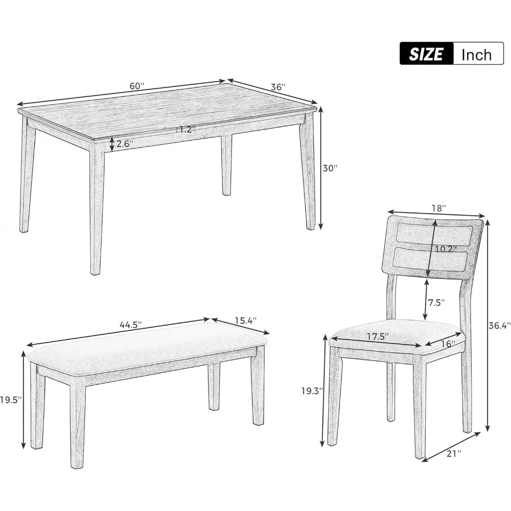 6 Piece Dining Table Set with Bench, Rectangle Dining Table with 4 Upholstered Chairs & a Bench