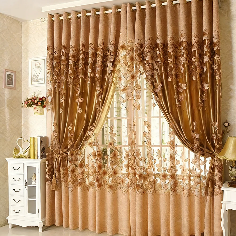Luxury European Vintage Brown Curtain Double Layer with 3D Floral Embroidery & Beads Elegant Window Treatment for Living Room