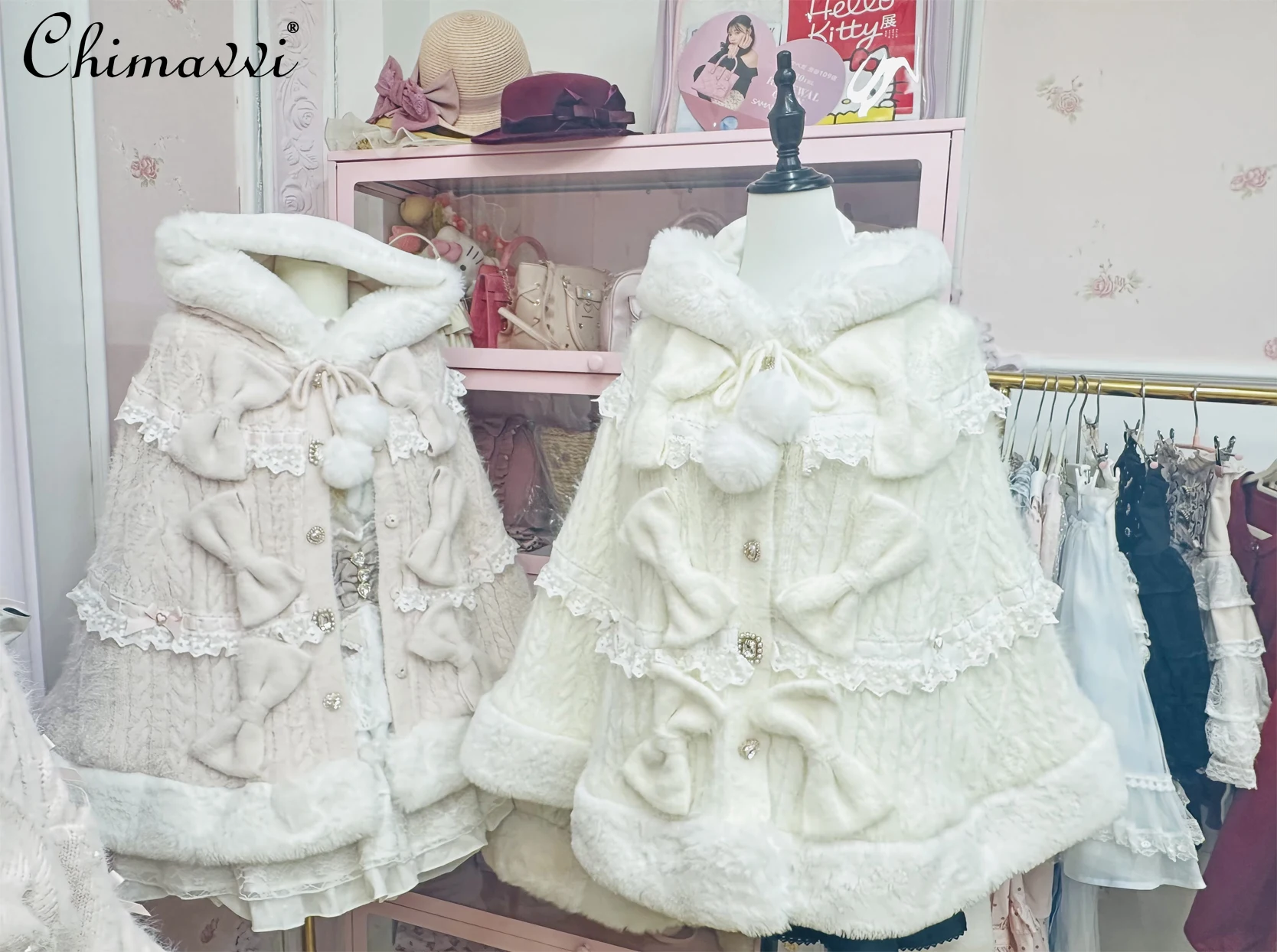 

Japanese Liz New Autumn and Winter Furry Bow Lolita Cloak Lace Spliced Hooded Knitted Poncho Coat Women's Warm Cape Jacket