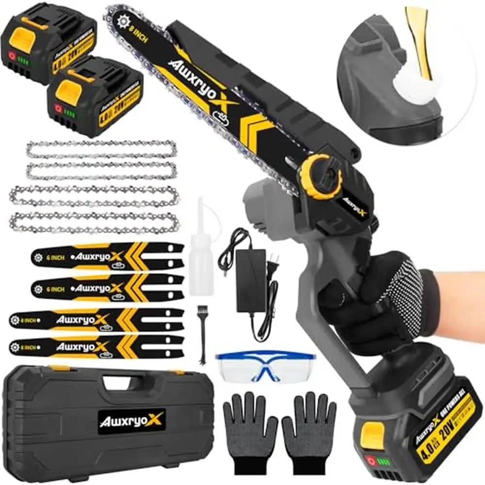 

Mini Chainsaw Kit 2-in-1 8" & 6" Cordless Portable Power Safe Tightening System Gloves Goggles Oiler Kit