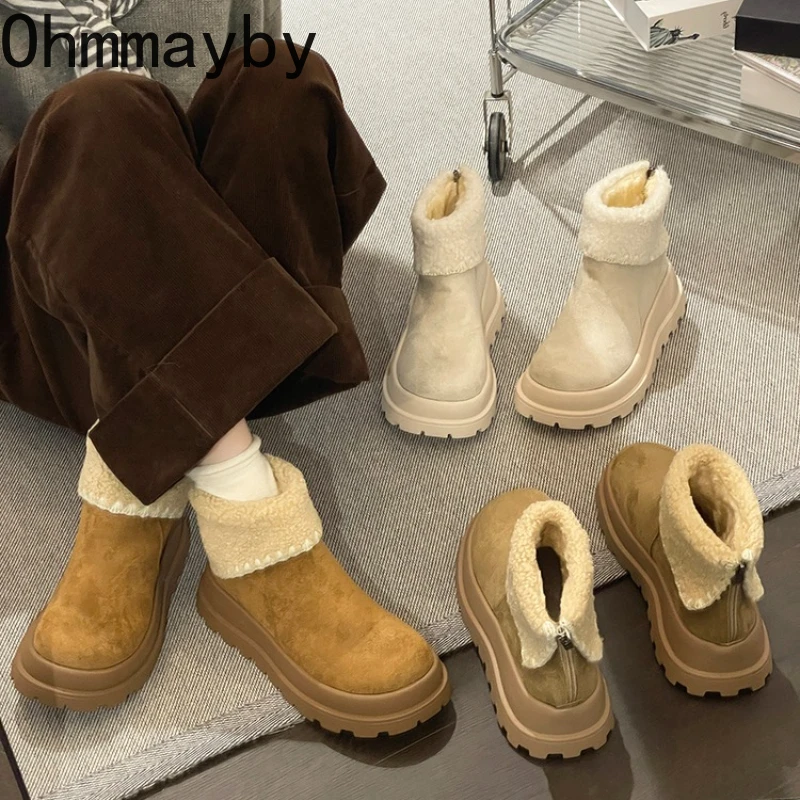 

Winter Platform Thick Sole Women Fur Lining Snow Boots Concise Height Increase Shoes Ladies Comfort Warm Cotton Short Booties