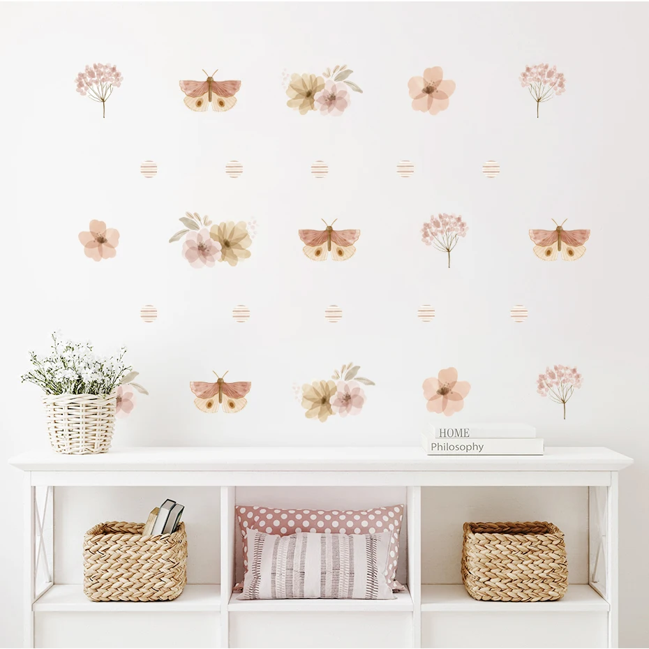 Pegatina de vinilo con diseño de hojas y hierbas para pared, adhesivo extraíble de estilo bohemio, con diseño de flores de campo, acuarela, para