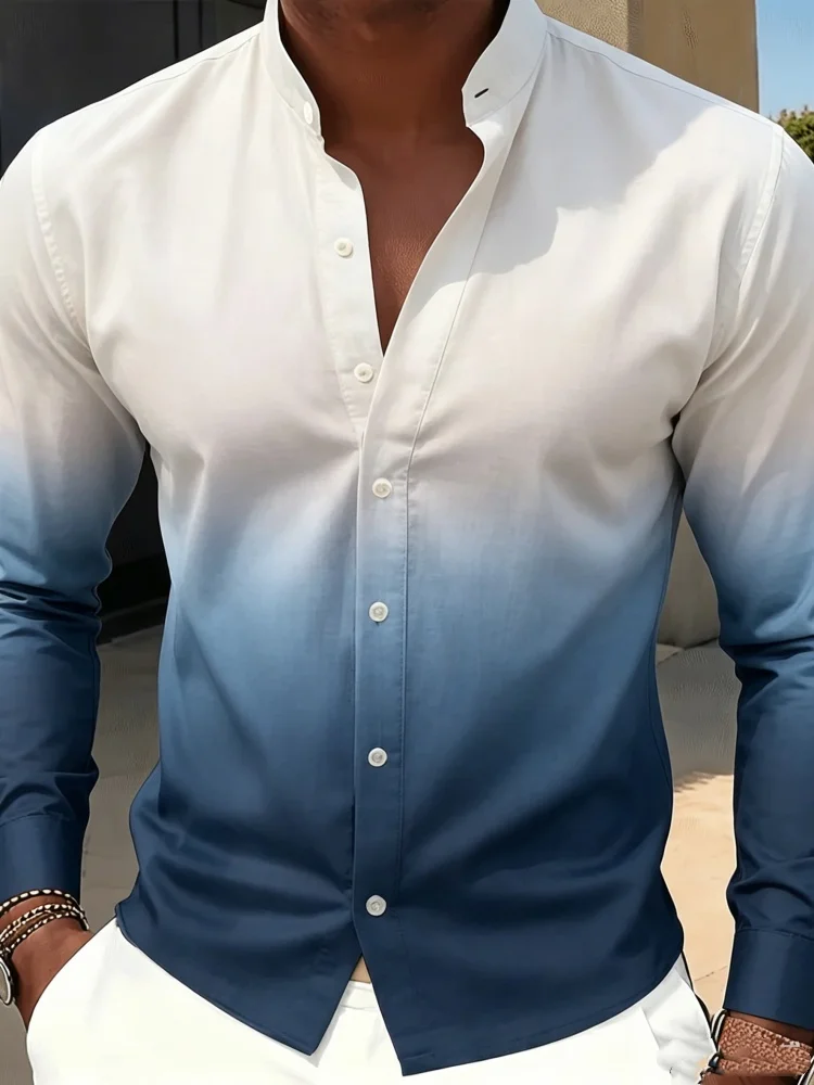 

Mens Stylish Slim Fit Shirt Long Sleeve White to Blue Ombre Print Casual Elegant Party Wedding Guest Dress Shirt