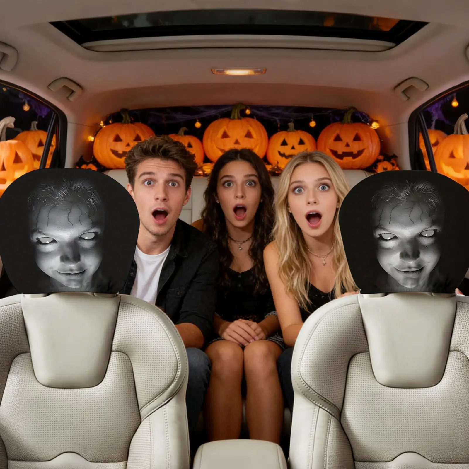 1Pc Universal Elastic Halloween Horror Face Car Headrest Covers Soft Polyester Washable Dustproof Protective Decorative Sleeve