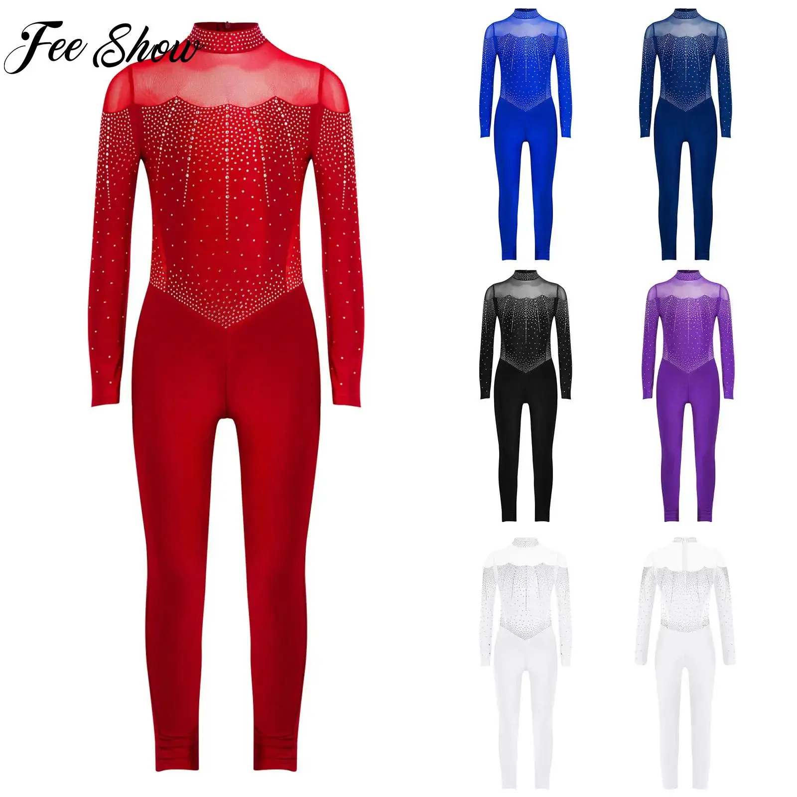 

Glittery Rhinestones Figure Skating Full Body Leotard Girls Ballet Dancewear Mock Neck Long Sleeve Sheer Mesh Jumpsuit Bodysuit