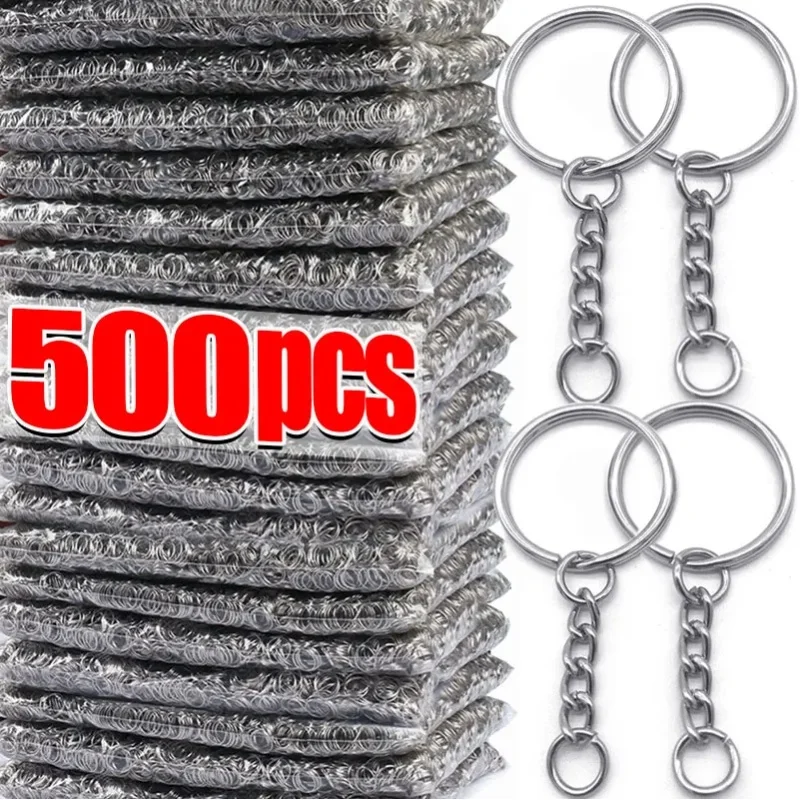 Versilberte Schlüsselringe mit Kette und Karabinerhaken, Blanko-Metall-Schlüsselanhänger, DIY-Schlüsselhalter-Zubehör