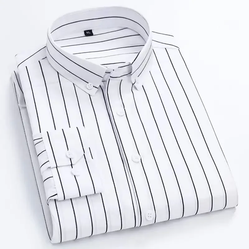 Men's Striped Shirt Long Sleeve Shirts All-Match Slim Fit Korean Print Shirt Non-iron Casual Business Dress Shirts Blue Clothing