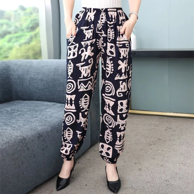 Elegant Mother Spring Summer Thin Pants Fashion Printing Cotton Silk Casual Female Harem Pants Elastic High Waist Women Pantalon
