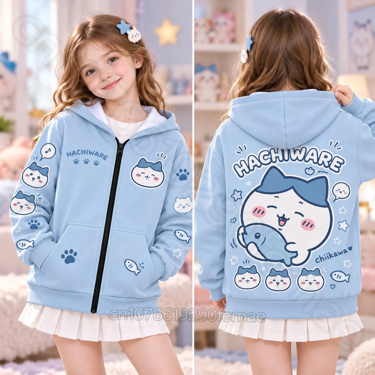Hachiware Chiikawa Blue Zip Up Hoodie Cute Cat Holding Fish Print Boys Girls Cosplay Sweatshirt Spring Fall Jacket Anime Merch