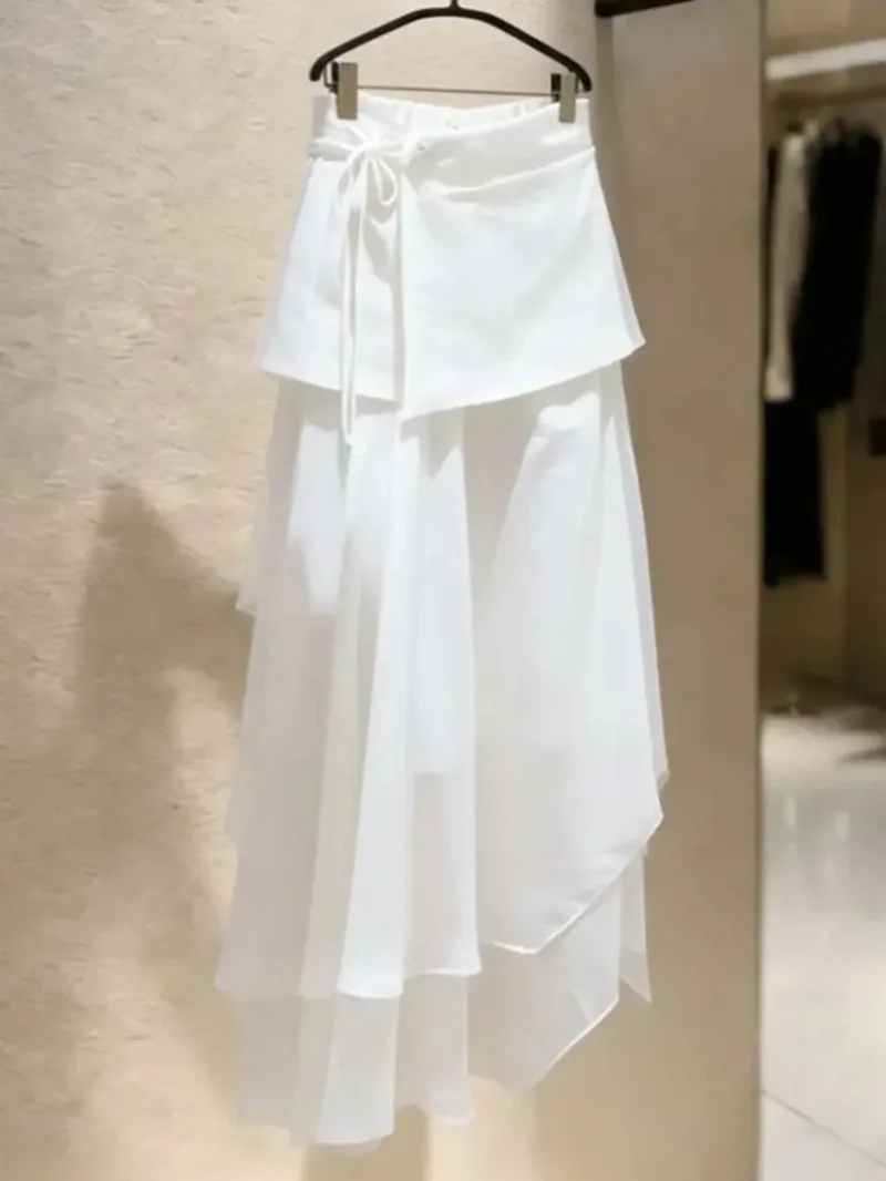 New Fashion Summer Chiffon Patchwork Skirt Women High Waist Slim Lace Up A-line Casual Midi Irregular Skirts White Jupe