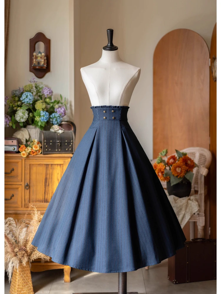 الأصلي النمط الفرنسي أنيقة الرجعية CLA التنانير هيكل السمكة عالية الخصر ضئيلة ألف خط تنوعا مخطط لوليتا تنورة طويلة النساء الخريف #6