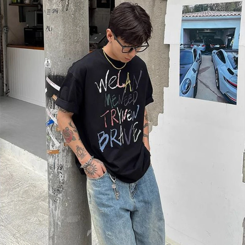 

Fashionable Korean Letter Printed Short-sleeved T-shirt for Men 2024 Summer Popular Y2K Personalized Loose Half-sleeved Top