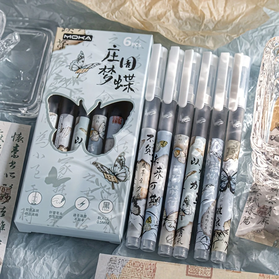 6pcs Chinese style butterfly straight liquid gel pen, fine tip 0.5mm pen tip, lightweight plastic material, quick drying ink
