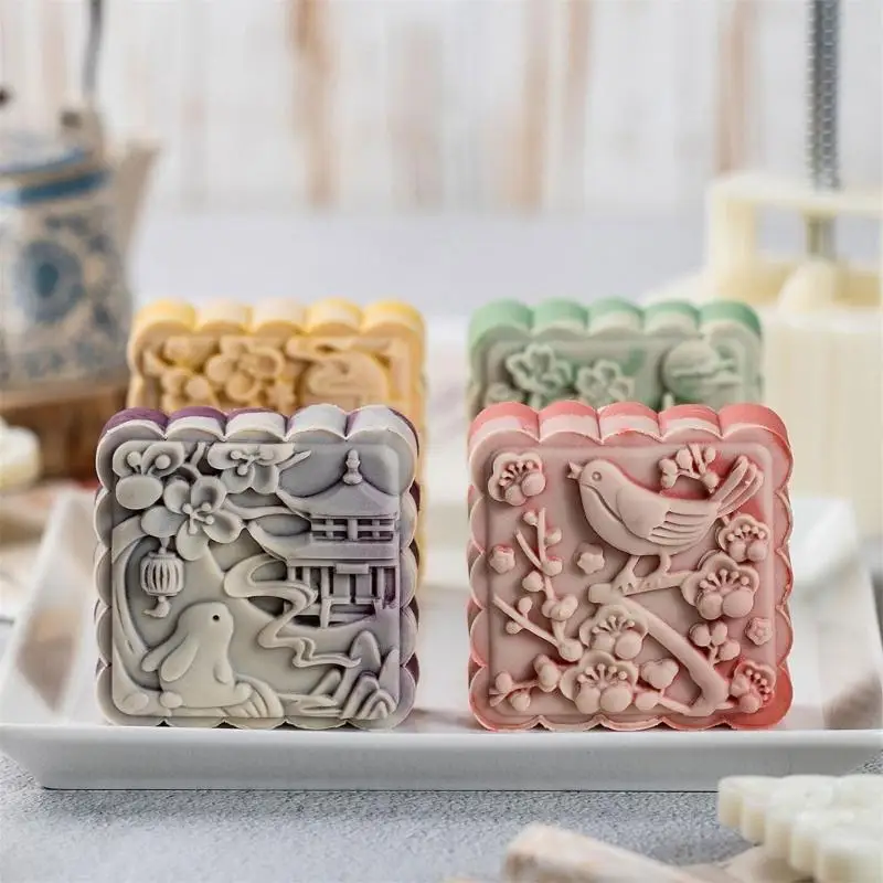 Traditional Style Square Mooncakes Molds Set Food Safe ABS Materials 3D Embossing Art For Handmade Festival Dessert