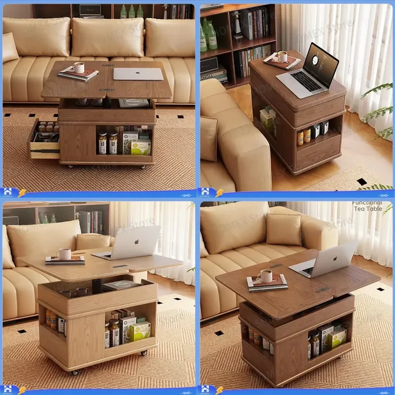 Detachable Side Table Coffee Table Solid Wood Small Apartment Living Room Sofa Antique Lifting Folding Cart Household