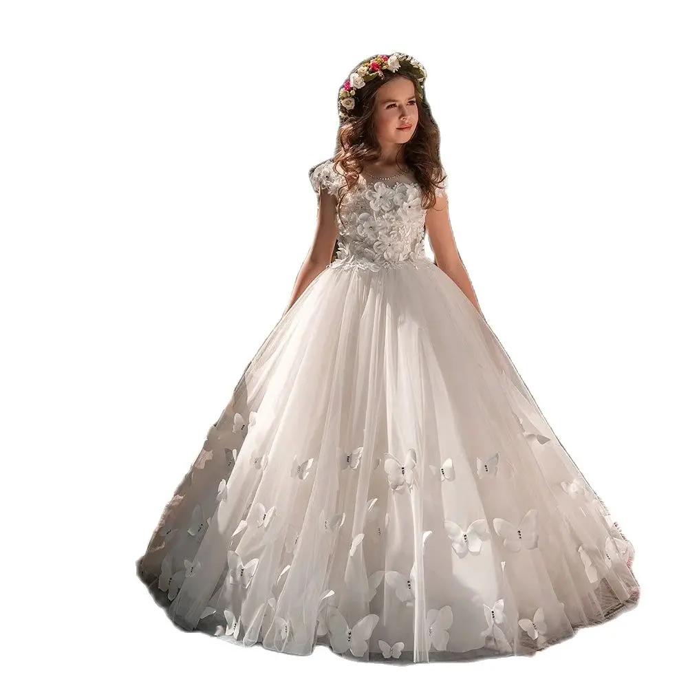 

Butterflies Kids Pageant Evening Gowns 2023 Lace Ball Gown Flower Girl Dresses For Weddings First Communion Dresses For Girls