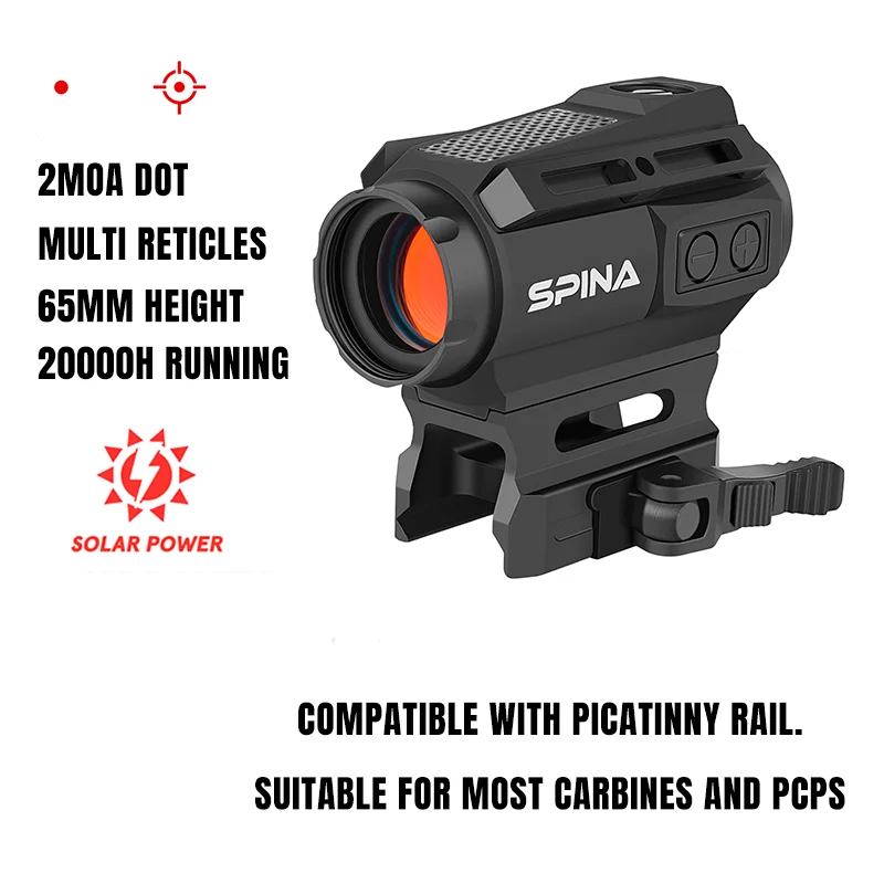 SPINA OPTICS Picatinny-Schiene Rotpunktvisier mit Solarbetrieb und Schüttelaktivierung, Passend für AR-Karabiner/PCP/Shotguns 22LR 5.56.223 7.62 12 GAUGE 6