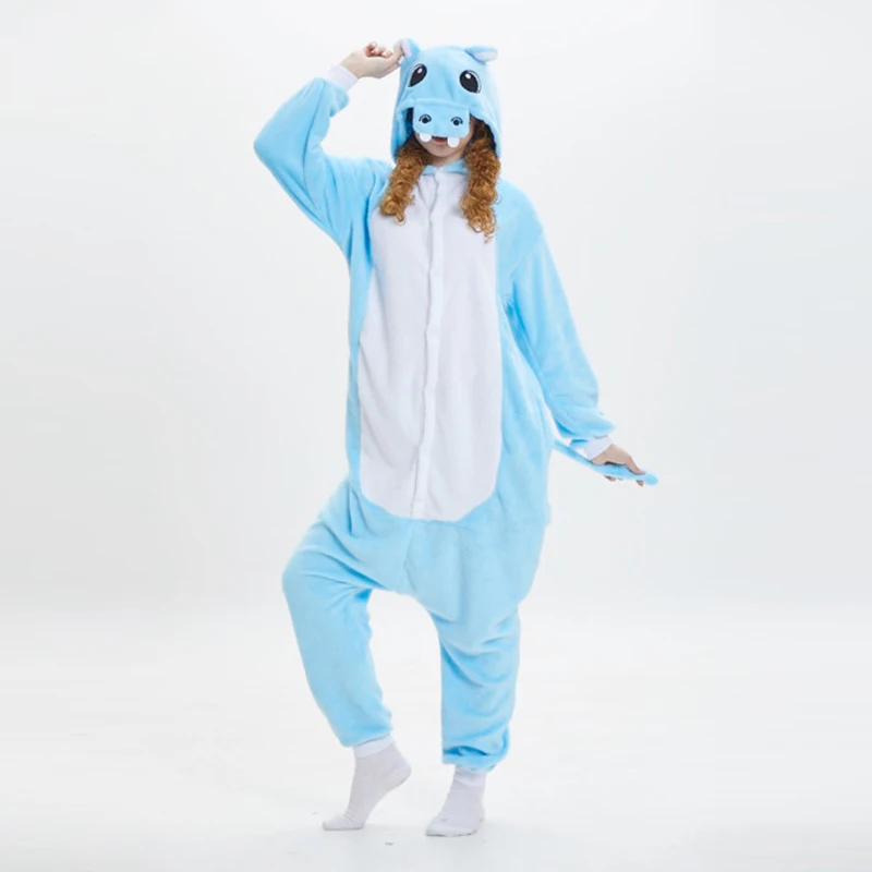 Pijama com capuz de uma peça azul hipopótamo com cauda longa, flanela fofa Onesie, roupa confortável de lazer para casal, botão Onesie